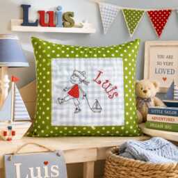 Embroidered Cushion Little Sailor + Name //Green - Light Blue// 40x40 cm Pillowcase Gift Cuddly Cushion Snuggle Personalized - thumbnail 4