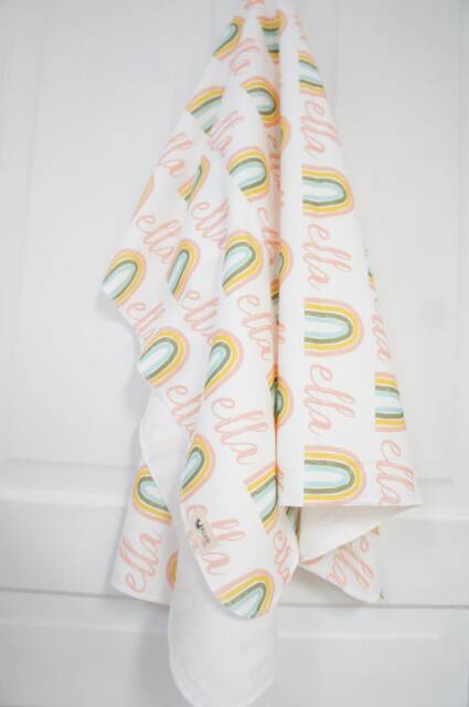 Personalized Organic Cotton Baby Blanket - Mod Rainbow Nursery Swaddle - image 1