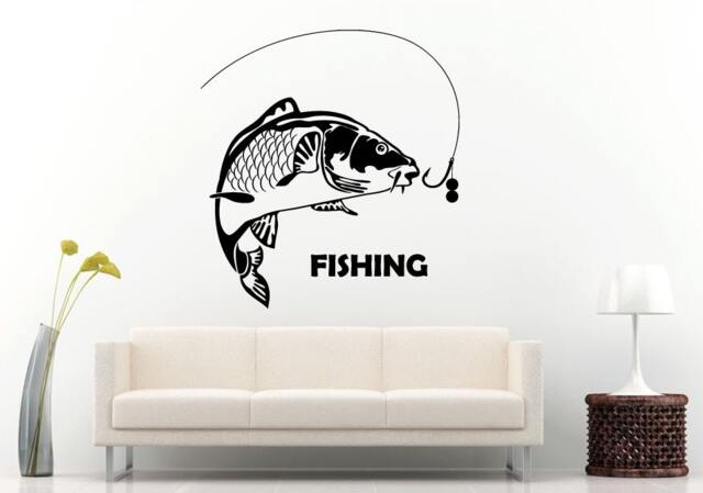 Fishing Fisherman Pike Catching A Fish With Poll Carp Wall Decal Vinyl Sticker Mural Room Decor L844 - image 1