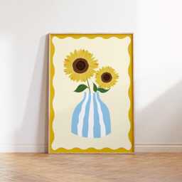 Sunflower Illustration Print, Blue Striped Vase, Sunny Home Decor - thumbnail 1