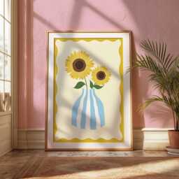 Sunflower Illustration Print, Blue Striped Vase, Sunny Home Decor - thumbnail 3