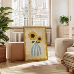 Sunflower Illustration Print, Blue Striped Vase, Sunny Home Decor - thumbnail 2