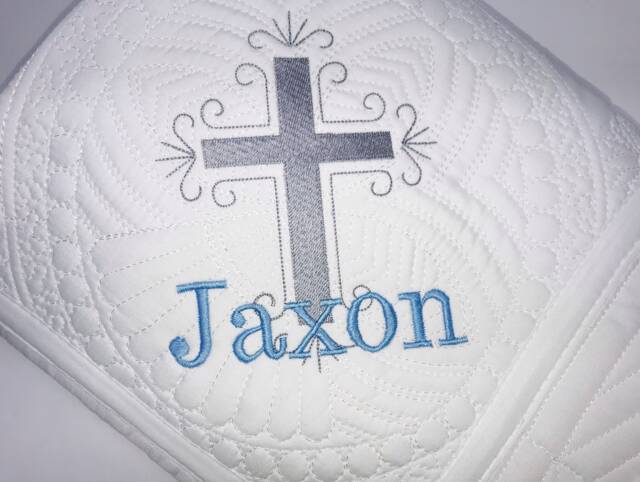 Personalized Baby Boy Baptism Quilt, Embroidered Cross Blanket - image 1