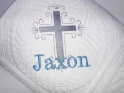 Personalized Baby Boy Baptism Quilt, Embroidered Cross Blanket - thumbnail 1