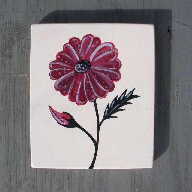 Original Red Flower Painting Modern Farmhouse Decor Primitive Folk Art Cosmos Wildflower Black White Deco Wall - image 1