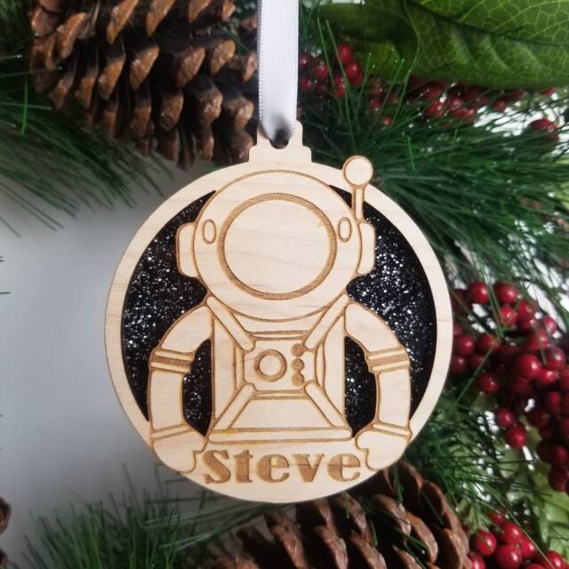 Astronaut Christmas Tree Decoration, Personalised Space Themed Xmas Name Hanger, Add & Year, Boys Stocking Filler - image 1