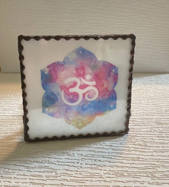 Large Candle Holder - White Stained Glass With The Lotus Flower & Symbol Beautiful - image 1