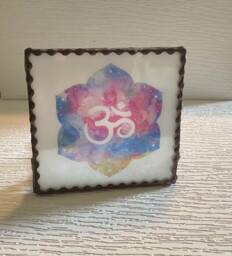 Large Candle Holder - White Stained Glass With The Lotus Flower & Symbol Beautiful - thumbnail 1