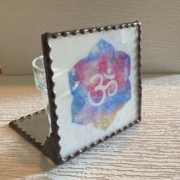 Large Candle Holder - White Stained Glass With The Lotus Flower & Symbol Beautiful - thumbnail 2