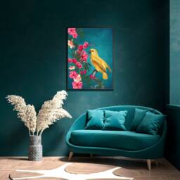 Exotic Vibrant Teal Tropical Print With Yellow Bird - Maximalist Tropical-style Wall Art - thumbnail 2