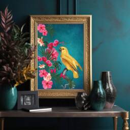 Exotic Vibrant Teal Tropical Print With Yellow Bird - Maximalist Tropical-style Wall Art - thumbnail 1