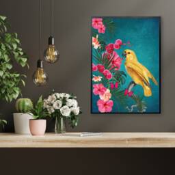 Exotic Vibrant Teal Tropical Print With Yellow Bird - Maximalist Tropical-style Wall Art - thumbnail 3