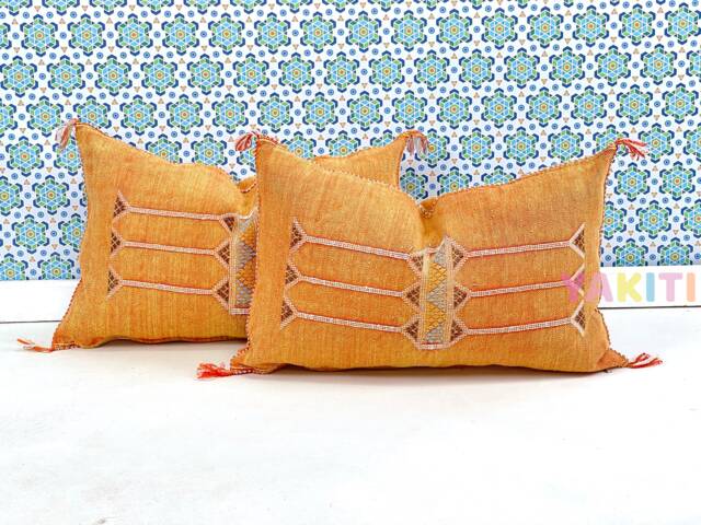 Yakiti-Orange Square Moroccan Pillows, Aka Cactus Silk Pillow, Decorative Pillows, Sabra Pillows, Moroccan Decor Designer Cactus - image 1