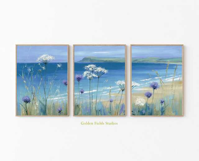 Coastal Beach Art Print Set Blue Ocean & Wildflower Painting - image 1