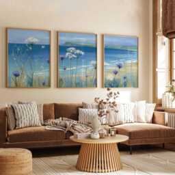 Coastal Beach Art Print Set Blue Ocean & Wildflower Painting - thumbnail 3