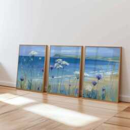 Coastal Beach Art Print Set Blue Ocean & Wildflower Painting - thumbnail 4