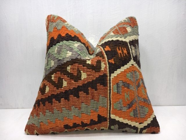 Vintage Handwoven Kilim Pillow Cover, Turkish Bohemian Accent - 16x16 - image 1