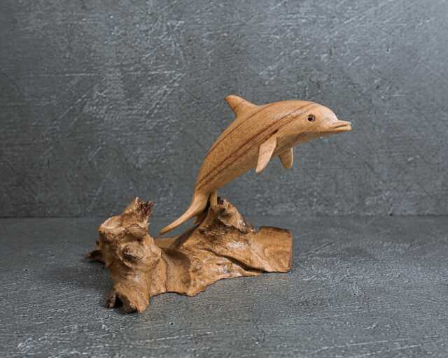 Jumping Dolphin Wood Sculpture Miniature Marine Art, Unique Home Decor 4 - image 1
