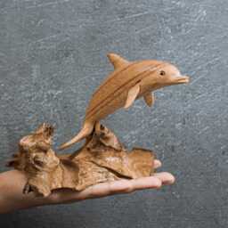 Jumping Dolphin Wood Sculpture Miniature Marine Art, Unique Home Decor 4 - thumbnail 4