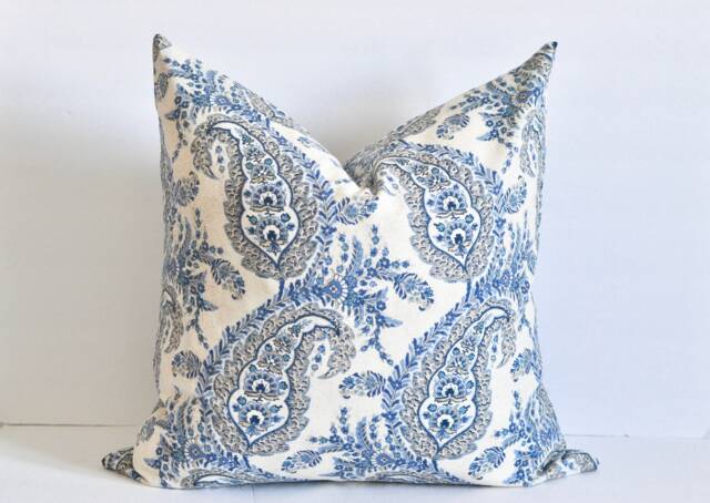 Blue Paisley Floral Pillow Cover & Beige Cotton Throw Cushion - image 1
