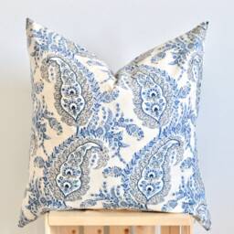 Blue Paisley Floral Pillow Cover & Beige Cotton Throw Cushion - thumbnail 3