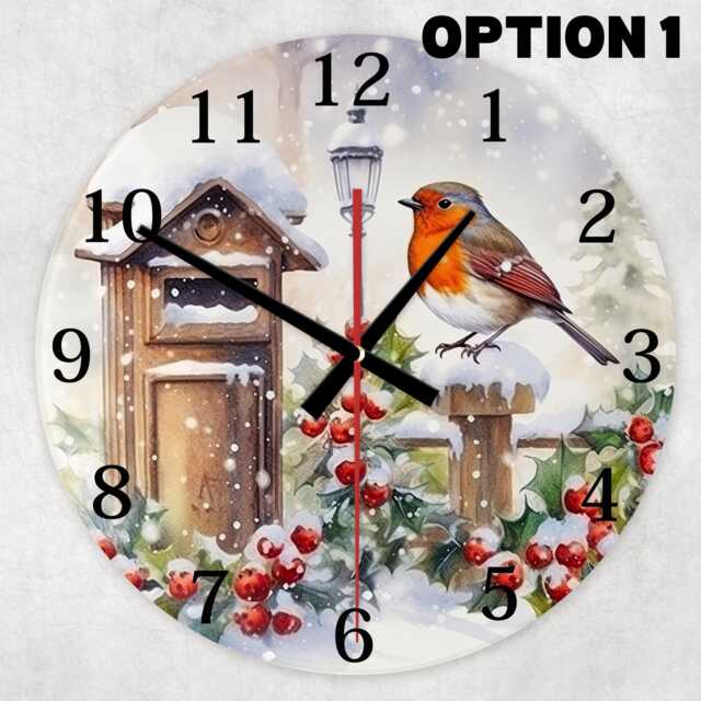 Winter Robin Glass Wall Clock - Christmas Bird Battery Operated 5 Designs - image 1