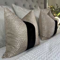 Elegant Champagne - Black Striped Antelope Fabric Cushion Cover - Luxury Euro Sham For Sofa & Bed Decor - thumbnail 1