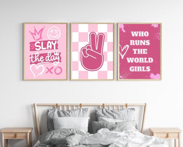 Set Of 3 Who Runs The World Girls Prints. Bedroom Decor. Pink Slay Graffiti Pictures. Teen Checkered Peace Sign Posters - image 1