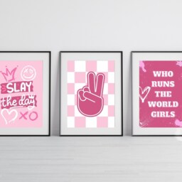 Set Of 3 Who Runs The World Girls Prints. Bedroom Decor. Pink Slay Graffiti Pictures. Teen Checkered Peace Sign Posters - thumbnail 3
