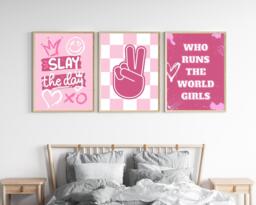 Set Of 3 Who Runs The World Girls Prints. Bedroom Decor. Pink Slay Graffiti Pictures. Teen Checkered Peace Sign Posters - thumbnail 1