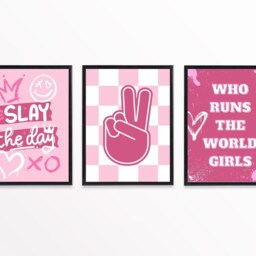 Set Of 3 Who Runs The World Girls Prints. Bedroom Decor. Pink Slay Graffiti Pictures. Teen Checkered Peace Sign Posters - thumbnail 2