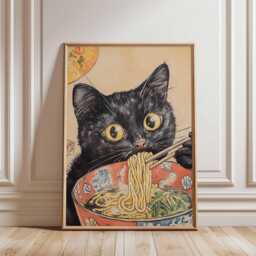 Japanese Cat Ramen Poster, Vintage Anime Wall Art, Cute Black Print, Retro Noodle Bowl Kitchen Decor, Asian Food Illustration - thumbnail 2