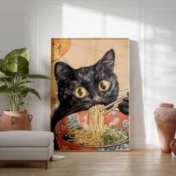 Japanese Cat Ramen Poster, Vintage Anime Wall Art, Cute Black Print, Retro Noodle Bowl Kitchen Decor, Asian Food Illustration - thumbnail 3