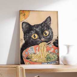 Japanese Cat Ramen Poster, Vintage Anime Wall Art, Cute Black Print, Retro Noodle Bowl Kitchen Decor, Asian Food Illustration - thumbnail 1