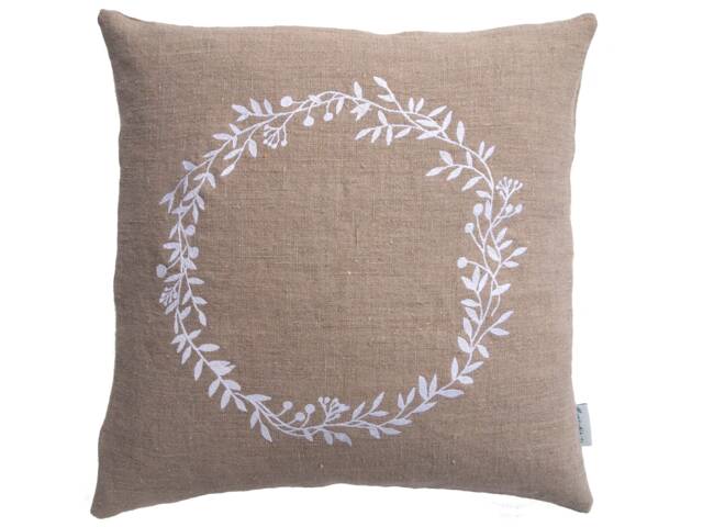 Linen Cushion in Natural Beige-Grey, Embroidered With A White Wreath Motif. Sizes 40 X 40, 45 45, 50 cm - Cushion Cover Button Placket Made Of - image 1