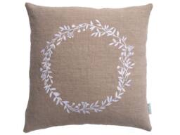 Linen Cushion in Natural Beige-Grey, Embroidered With A White Wreath Motif. Sizes 40 X 40, 45 45, 50 cm - Cushion Cover Button Placket Made Of - thumbnail 1