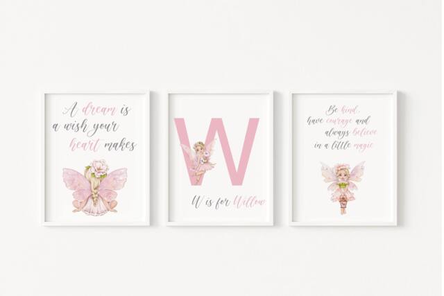 Set Of 3 Fairy Prints, Personalised Bedroom Prints, Nursery Initial Prints - image 1