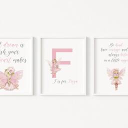 Set Of 3 Fairy Prints, Personalised Bedroom Prints, Nursery Initial Prints - thumbnail 2