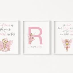 Set Of 3 Fairy Prints, Personalised Bedroom Prints, Nursery Initial Prints - thumbnail 3