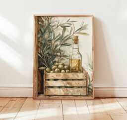 Rustic Olive Oil Poster, Mediterranean Kitchen Wall Art, Tuscan Food Print, Farmhouse Decor, Vintage Tree Botanical Artwork