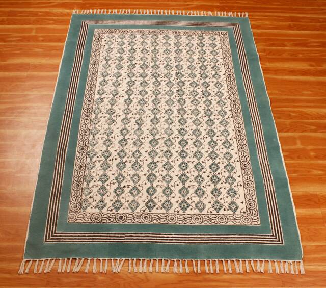 Hand Block Print Cotton Rug, Teal Border Floral, Bohemian Area Rug - image 1