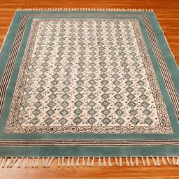 Hand Block Print Cotton Rug, Teal Border Floral, Bohemian Area Rug - thumbnail 2