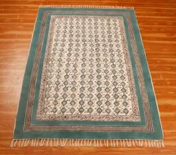 Hand Block Print Cotton Rug, Teal Border Floral, Bohemian Area Rug - thumbnail 1