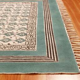 Hand Block Print Cotton Rug, Teal Border Floral, Bohemian Area Rug - thumbnail 3