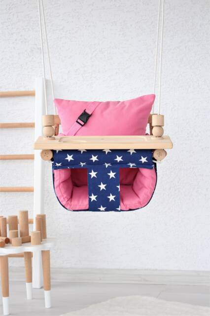 Handmade Baby Swing Navy Starry Cotton Duck, Pink Pillows - image 1