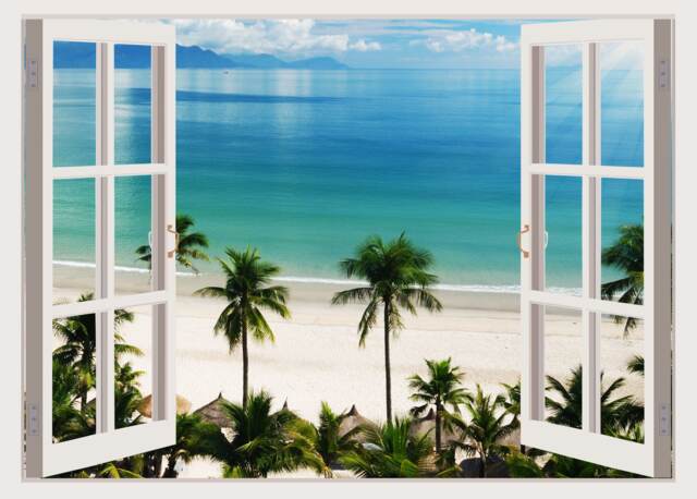 3D Window Beach Decal, Plam Murals Wall Decor, Vinyl Decals, Stickers, Peel & Stick Vinyl W196 - image 1