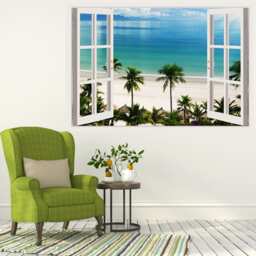 3D Window Beach Decal, Plam Murals Wall Decor, Vinyl Decals, Stickers, Peel & Stick Vinyl W196 - thumbnail 2
