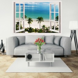 3D Window Beach Decal, Plam Murals Wall Decor, Vinyl Decals, Stickers, Peel & Stick Vinyl W196 - thumbnail 3