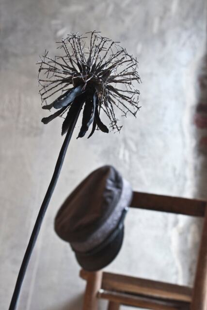 Metal Dandelion, Botanical Original Art Metal Sculpture in Stone Pedestal By The Steel Style Things 6Th Anniversary - image 1