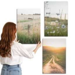 3 Piece Canvas Set - Nature Landscapes With Fields & A Path in The Sun, Green Wall Art Print, Hanging - thumbnail 3